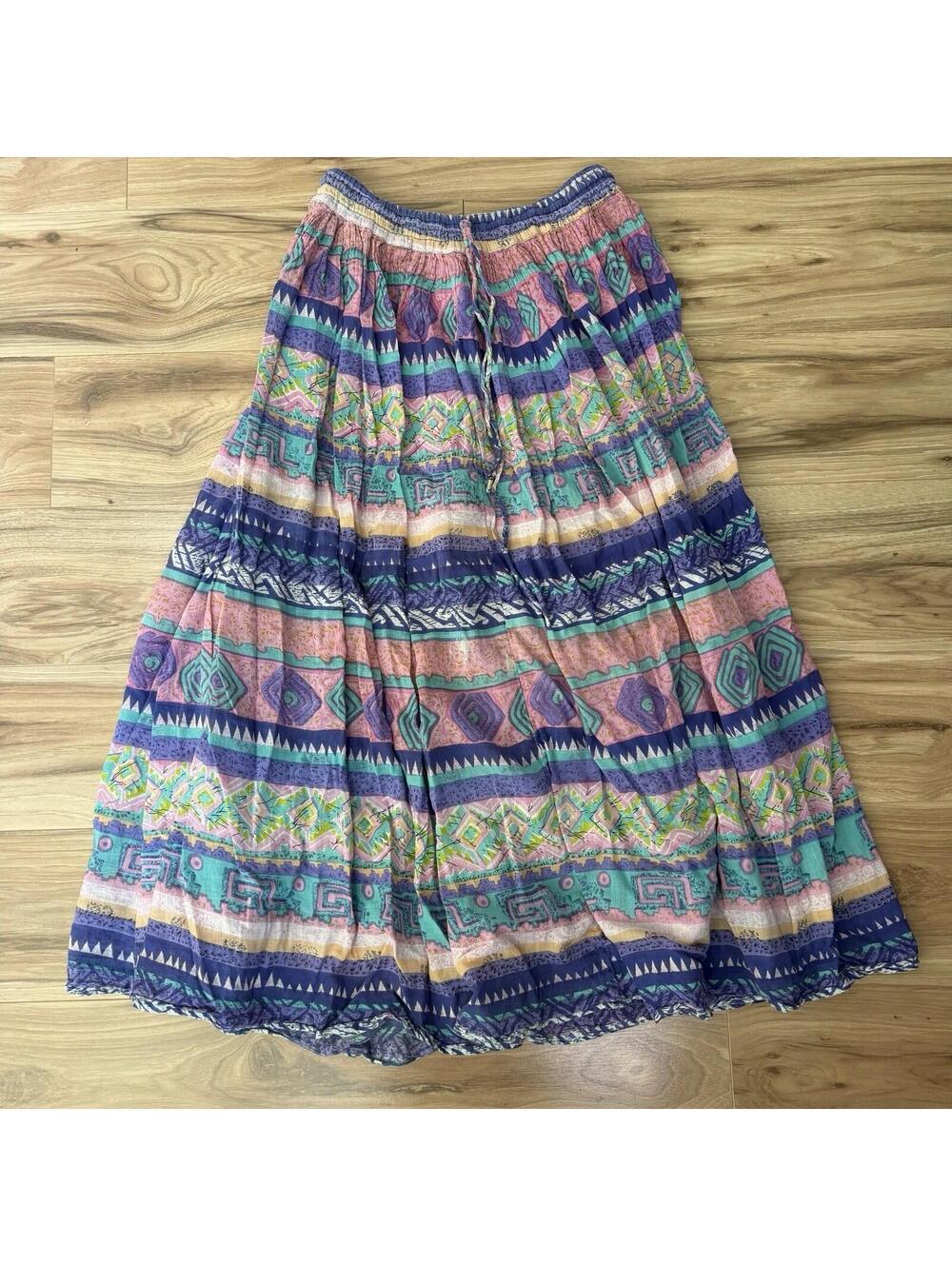 Le Mieux Vintage Cotton Gauze Tribal Print Maxi Skirt Boho Cottagecore OS